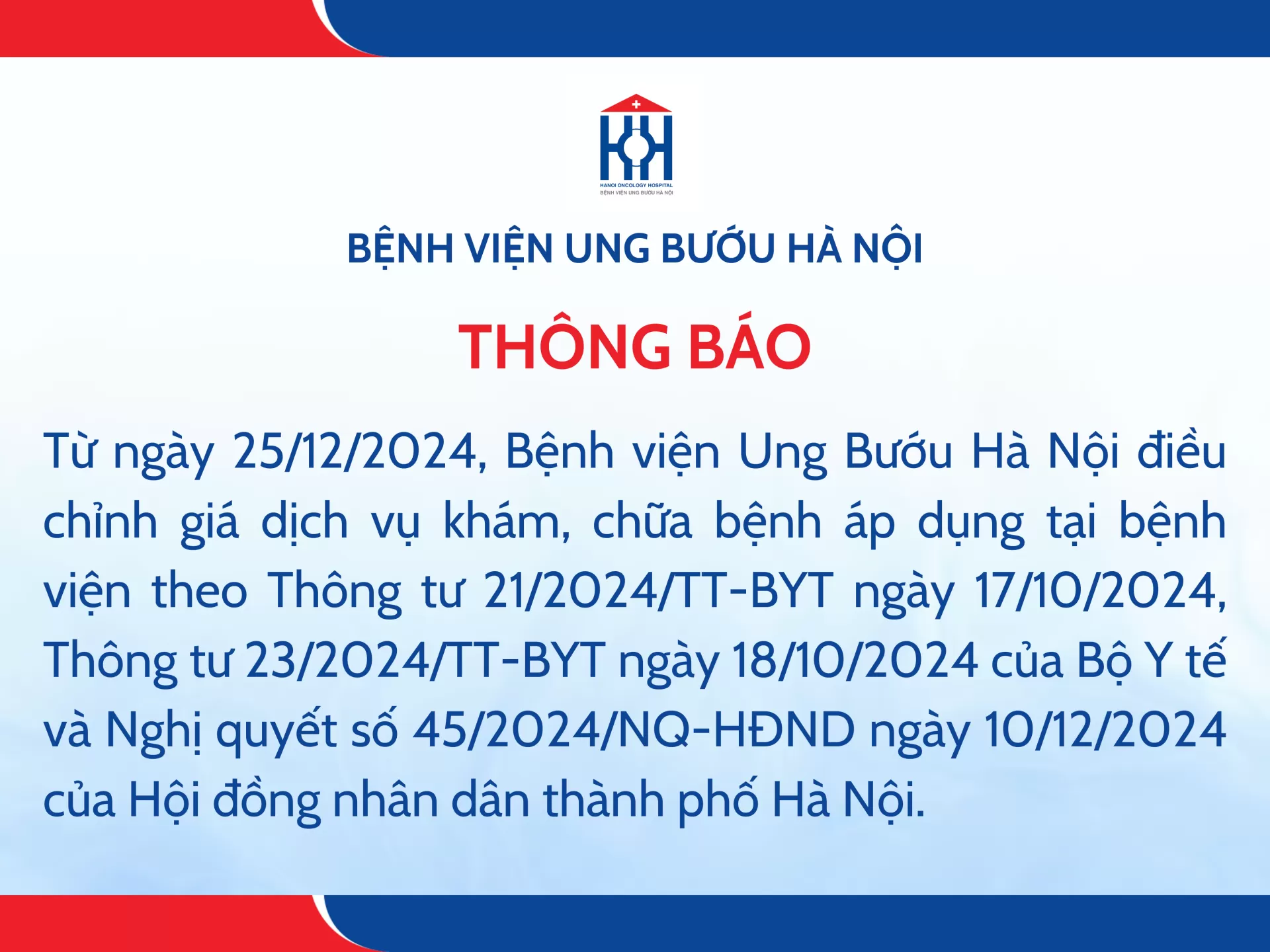 BỆNH VIỆN UNG BƯỚU HÀ NỘI THÔNG BÁO ĐIỀU CHỈNH GIÁ DỊCH VỤ KHÁM, CHỮA BỆNH